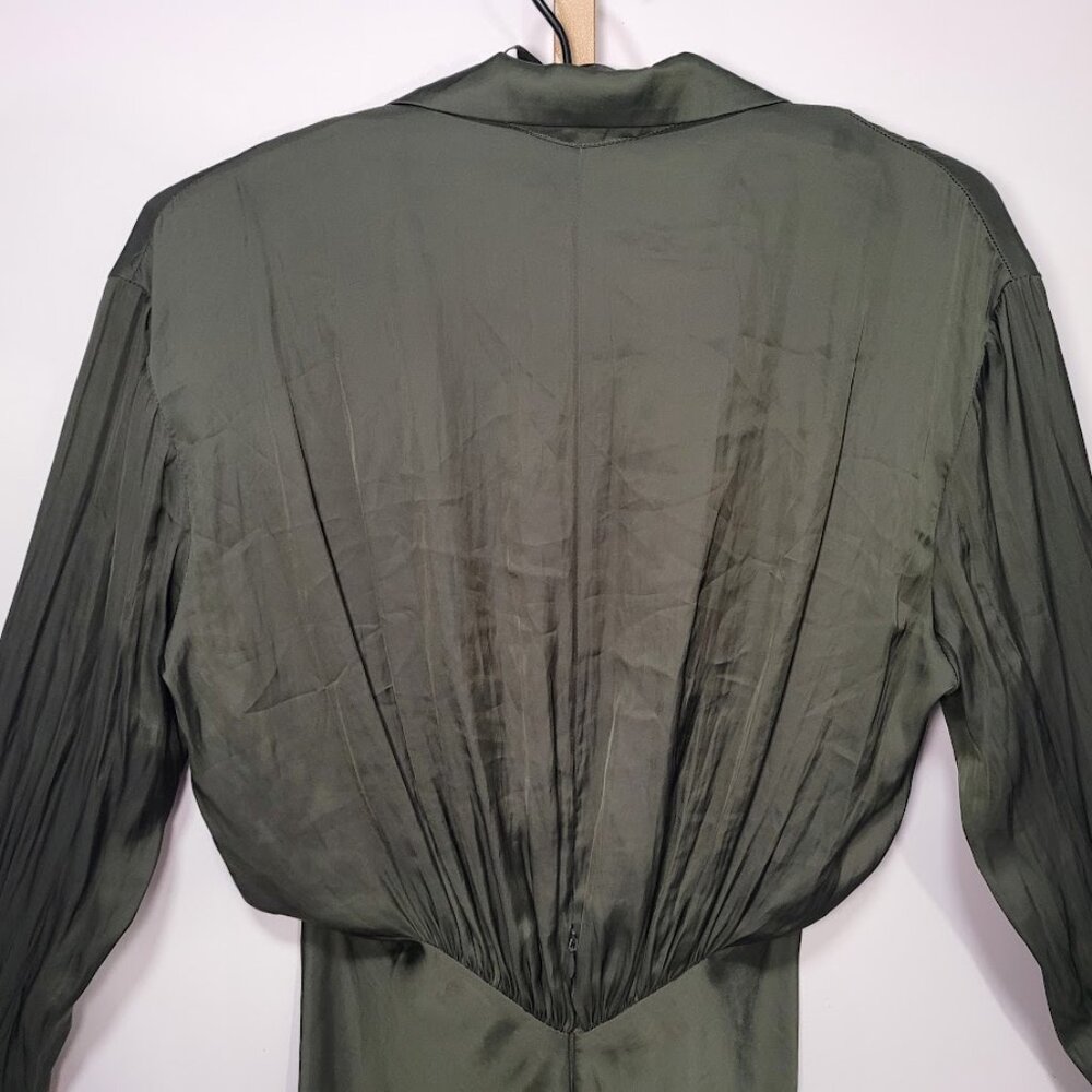 NWT Zadig & Voltaire Gathered Long Sleeve Satin Dress - Khaki L - Picture 7 of 13